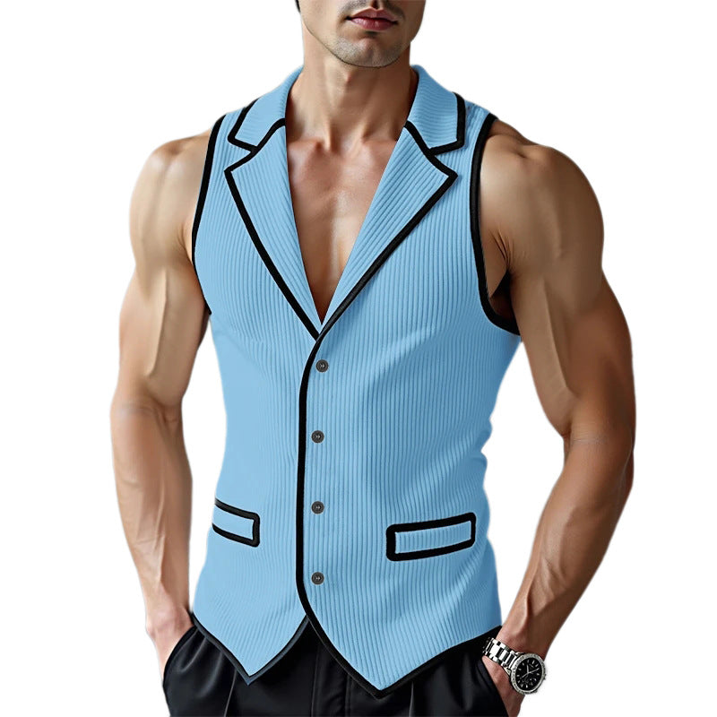 Men's sleeveless tailored jersey vest with notched lapel and contrast piping StylebySassy