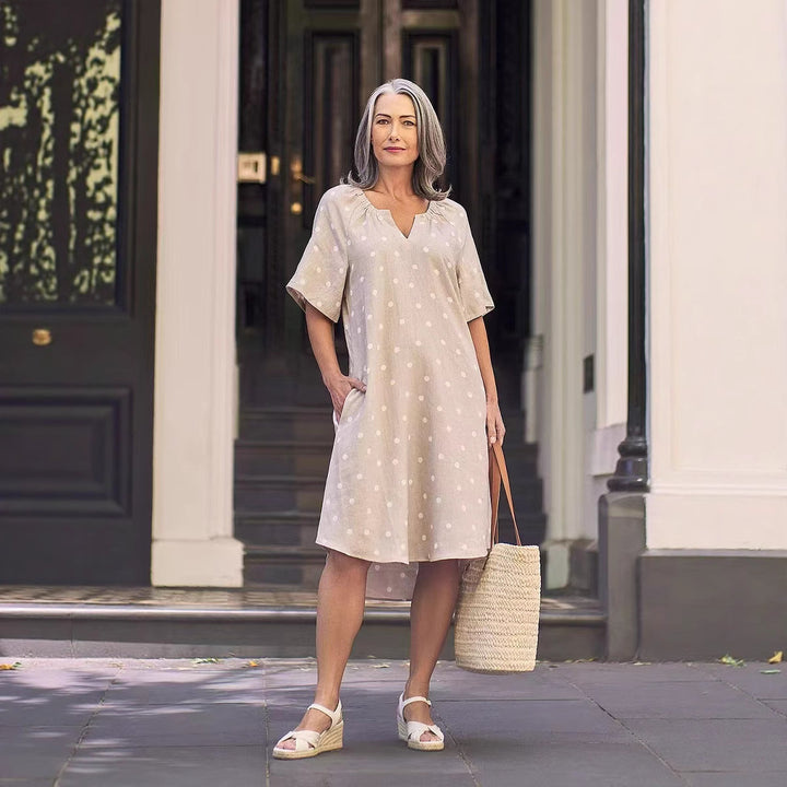 Ladies casual A-line linen look dress with V-neck, gathered shoulder area and side pockets StylebySassy