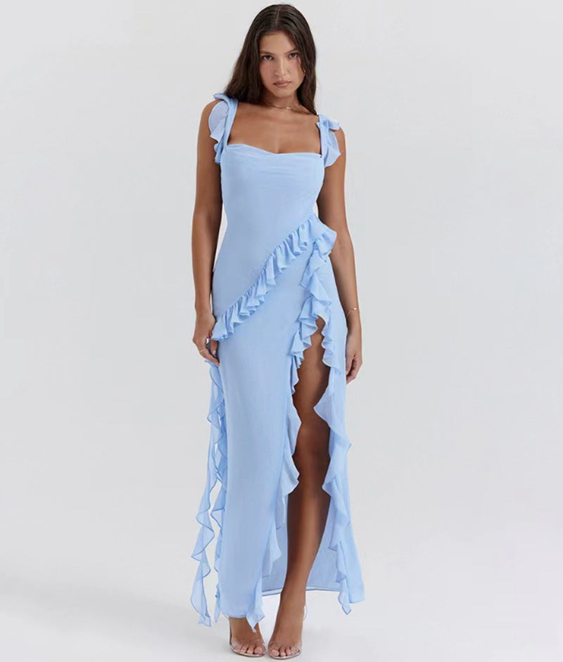 Women long evening dress with square neckline, shoulder ruffle straps, and high leg slits StylebySassy
