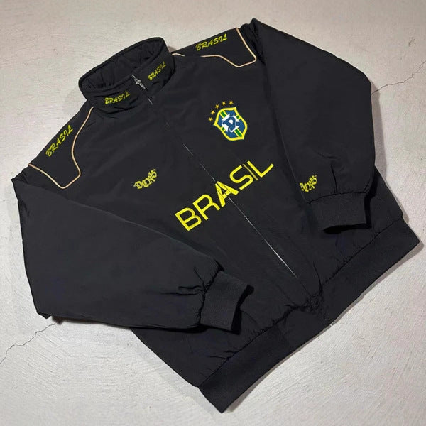 Unisex nan sporty retro training jacket with stand collar zipper chest emblem and Brazil lettering StylebySassy