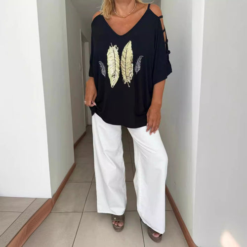 Ladies loose-fitting blouse shirt off-shoulder design with sequin-feather application and split sleeves StylebySassy