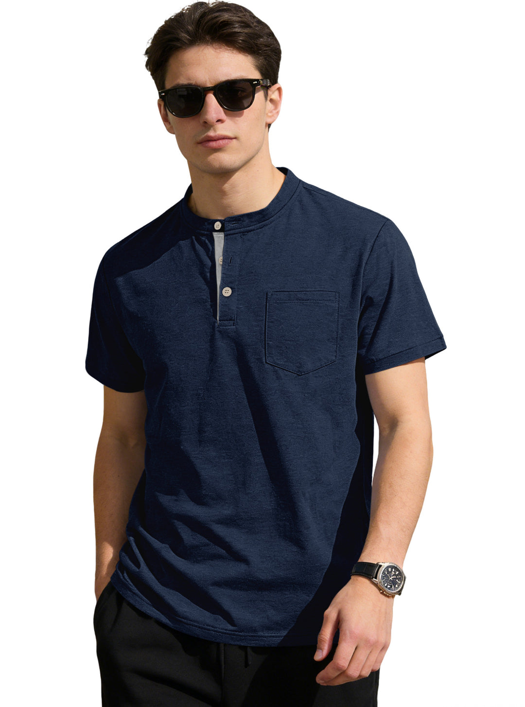 Men's structured cotton henley shirt with short stand-up collar button placket and chest pocket StylebySassy