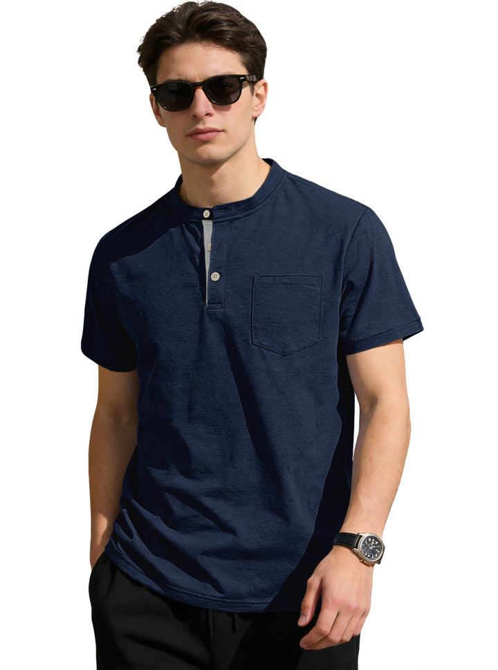 Men's structured cotton henley shirt with short stand-up collar button placket and chest pocket StylebySassy
