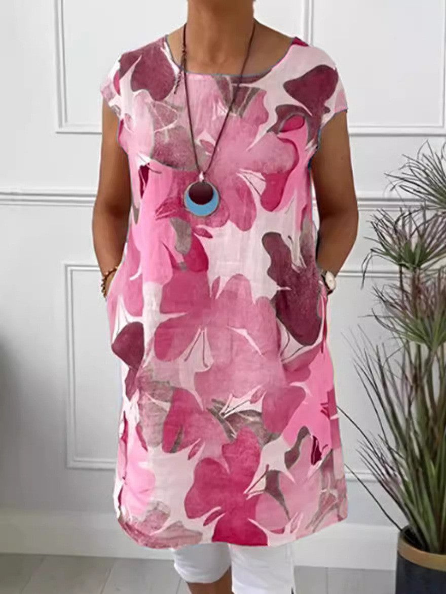 Ladies' airy tunic midi dress made of linen blend with watercolor flower print and side pockets StylebySassy