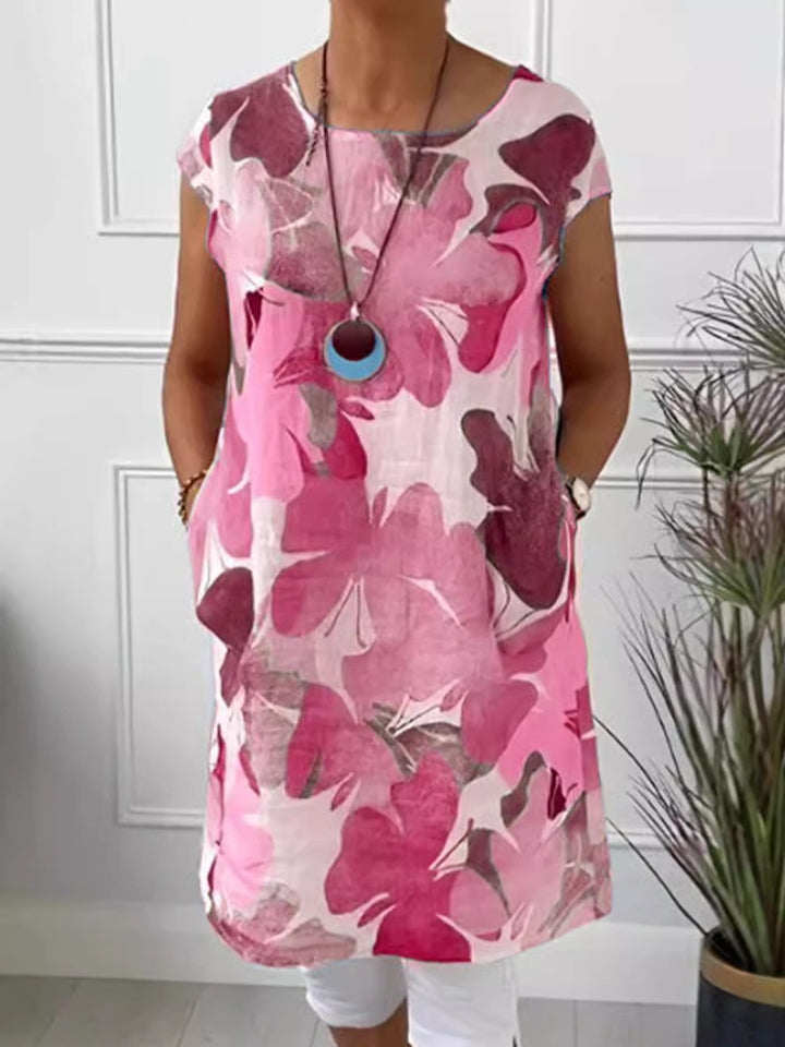 Ladies' airy tunic midi dress made of linen blend with watercolor flower print and side pockets StylebySassy
