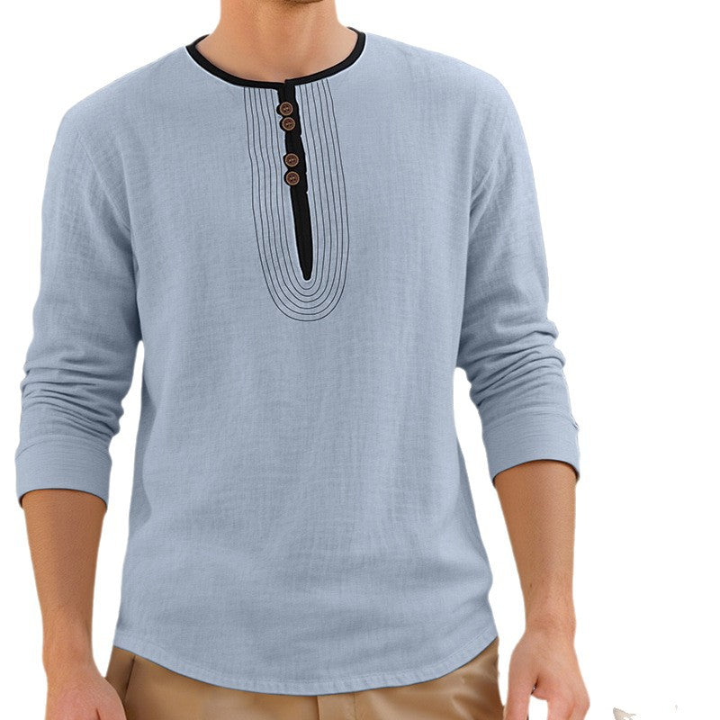 Men's Casual Linen Blend Long Sleeve Shirt with Decorative Button Placket and Decorative Stitching StylebySassy