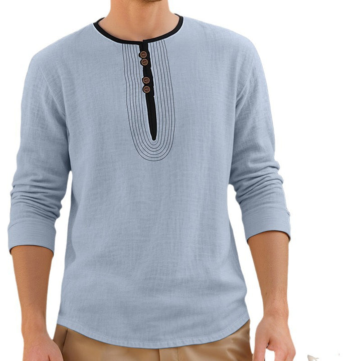 Men's Casual Linen Blend Long Sleeve Shirt with Decorative Button Placket and Decorative Stitching StylebySassy