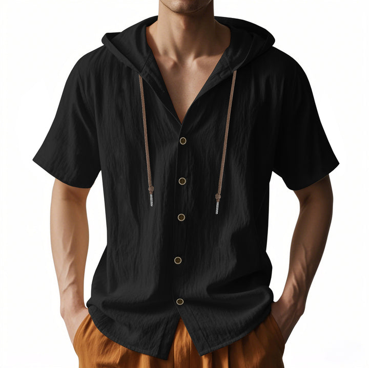 Men's breathable short sleeve hoodie made of linen blend with wooden button placket and drawstring StylebySassy