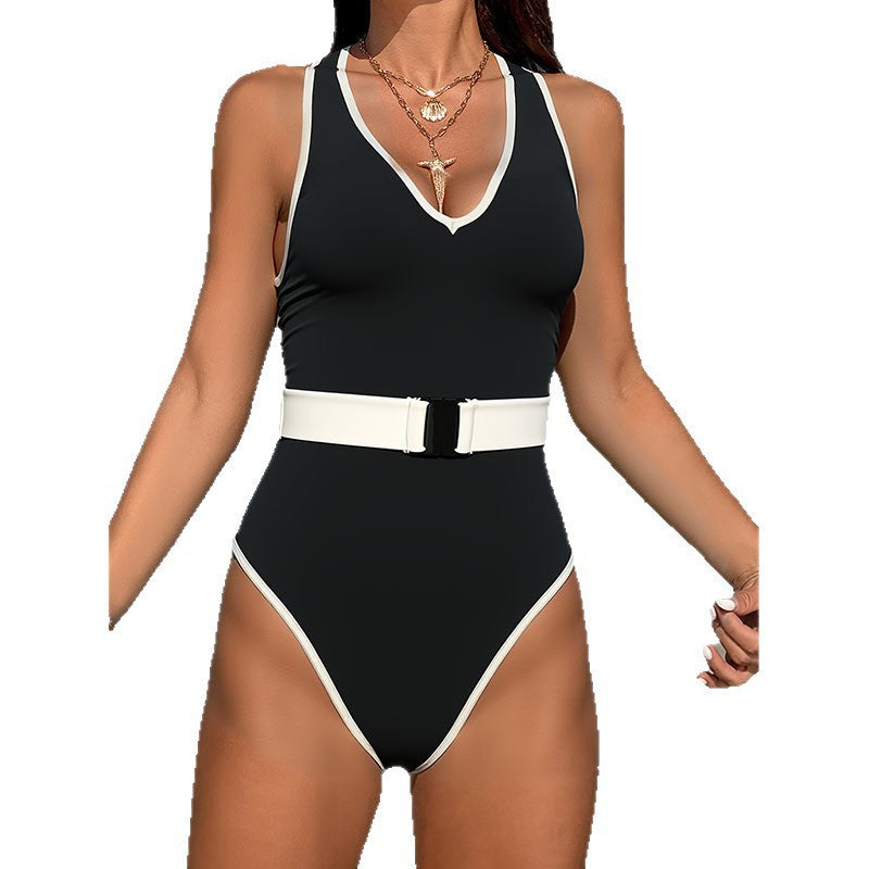 Women's One-Piece Swimsuit with Modern V-Neck and Emphasized Waist Belt StylebySassy