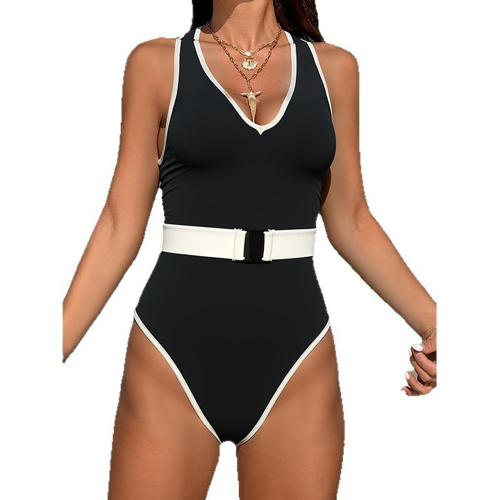 Women's One-Piece Swimsuit with Modern V-Neck and Emphasized Waist Belt StylebySassy