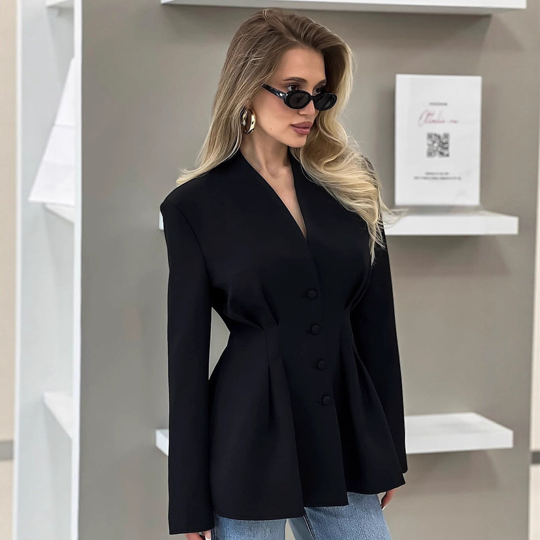 Women's nan tailored blazer with Vienna seams, covered buttons, and fitted pleated silhouette StylebySassy