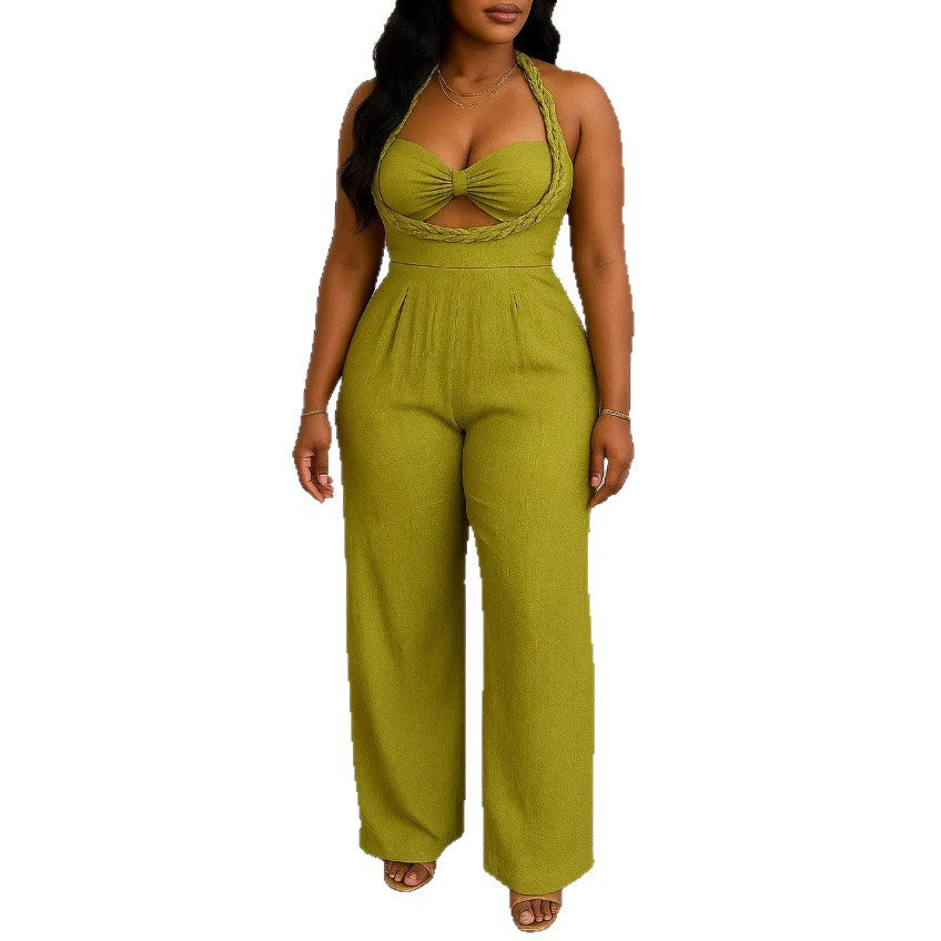 Women's tailored halter playsuit with braided straps, knotted bustier and wide leg pants StylebySassy