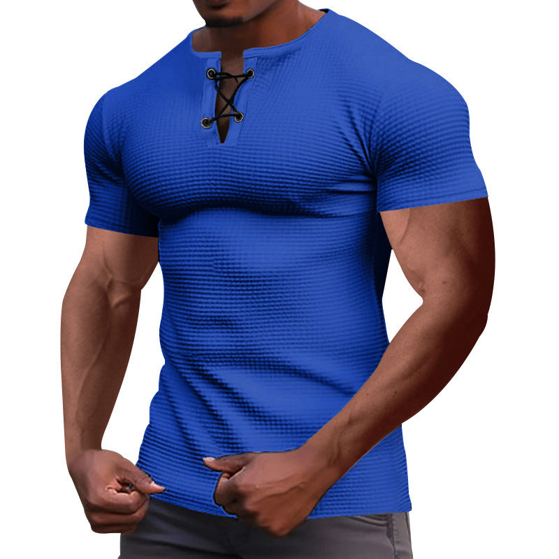 Men's short-sleeve shirt with lace collar, metal eyelets, and fine structured jersey StylebySassy