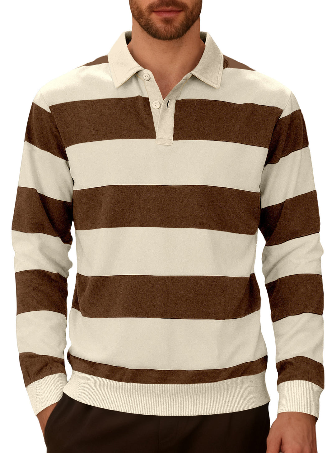 Men's striped rugby polo with a Kent collar, two-button placket, and ribbed hem StylebySassy