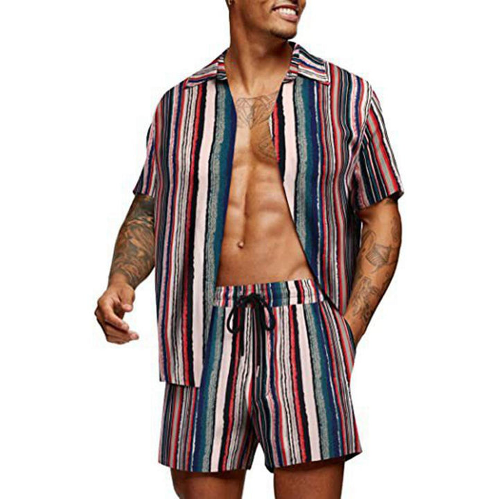 Men's tropical short sleeve shirt and swim shorts set with lapel collar, drawstring, and practical side pockets StylebySassy