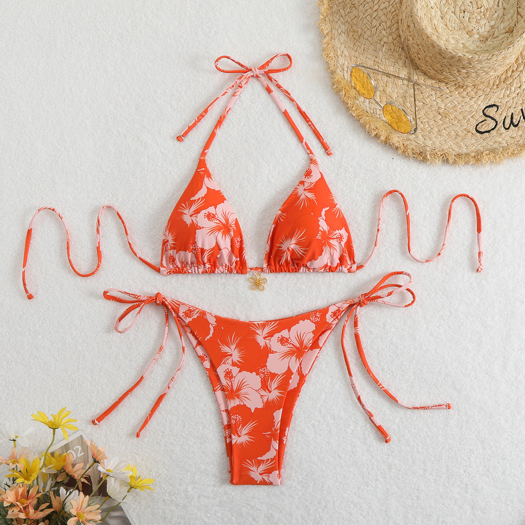 Women's Triangle Bikini Set with Floral Design and Playful Ties StylebySassy