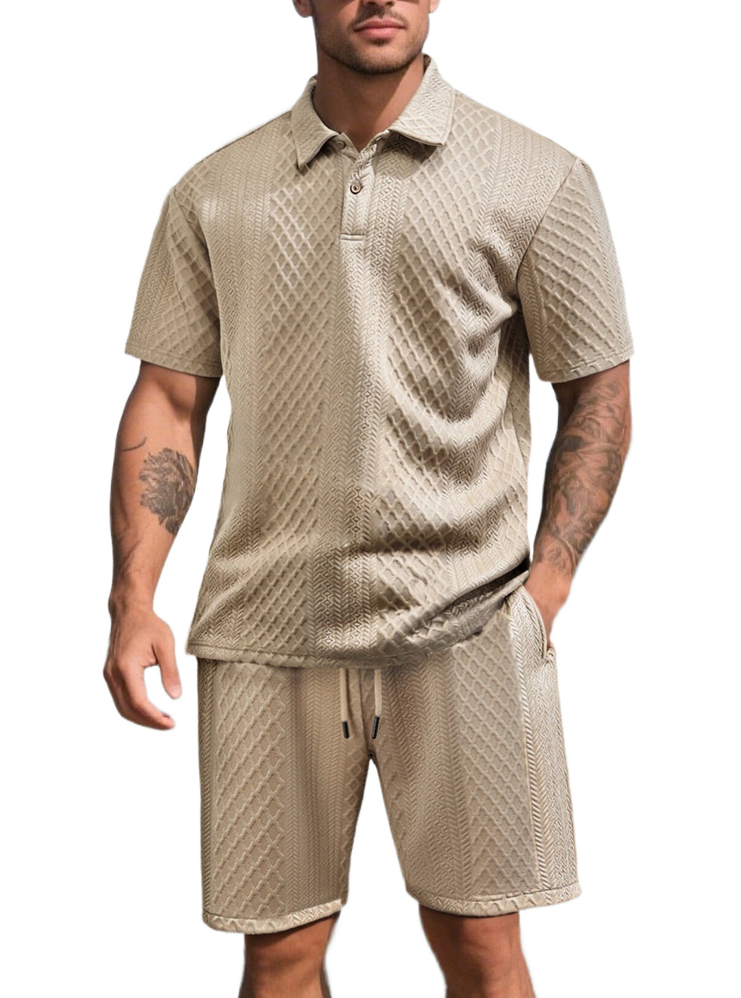 Men's three-dimensional relief leisure set with polo collar, concealed button placket and elastic drawstring shorts StylebySassy
