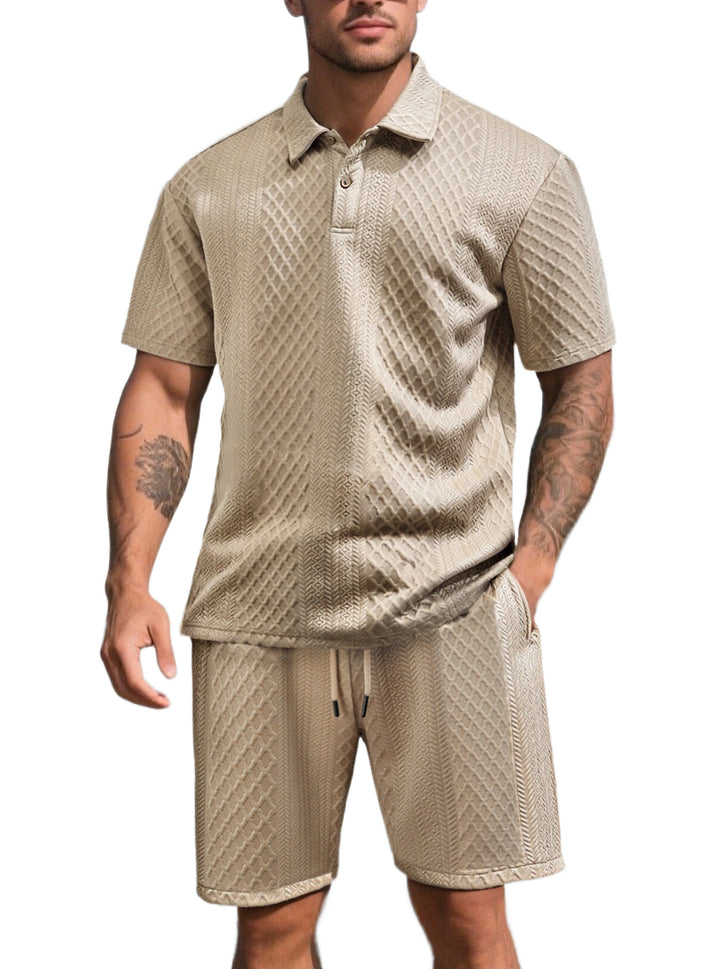 Men's three-dimensional relief leisure set with polo collar, concealed button placket and elastic drawstring shorts StylebySassy