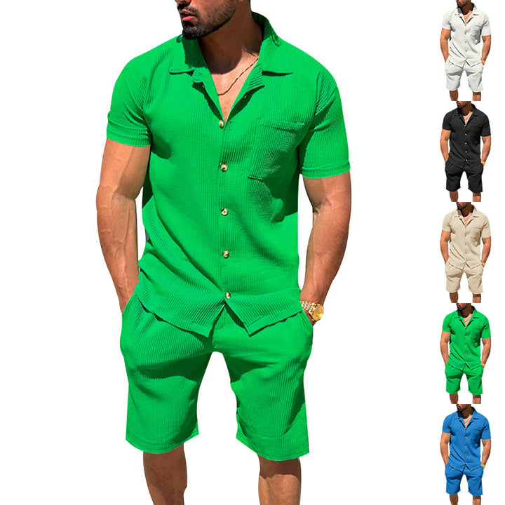 Men's casual two-piece leisure set made of ribbed jersey with shirt collar button placket and shorts StylebySassy