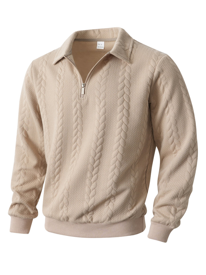 Men's half-zip pullover with kent collar, cable knit structure and ribbed hem StylebySassy