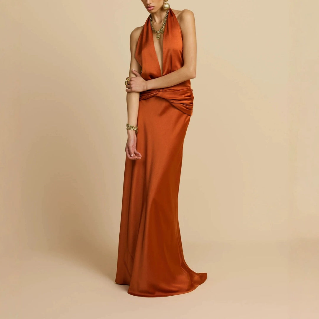 Ladies Elegant Maxi Dress with Deep V-Neck and Refined Draping StylebySassy