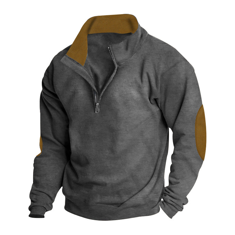 Men's casual cardigan with short front zipper, soft inner lining, and suede sleeve trim StylebySassy