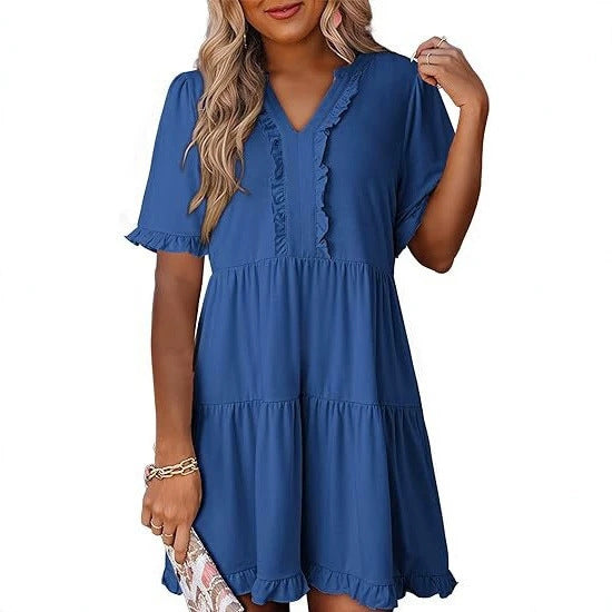 Women's lightweight swing dress with V-neck, tiered skirt and delicate ruffles StylebySassy