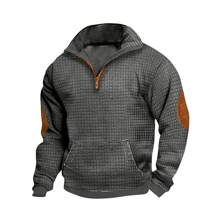 Men's structured half-zip pullover with kangaroo pocket and elbow patch StylebySassy