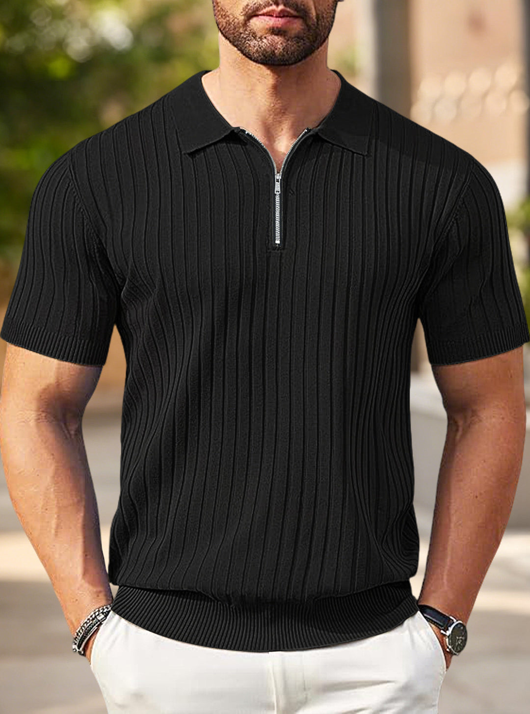 Men's elegant structured short sleeve knit polo with short metal zipper and shirt collar StylebySassy