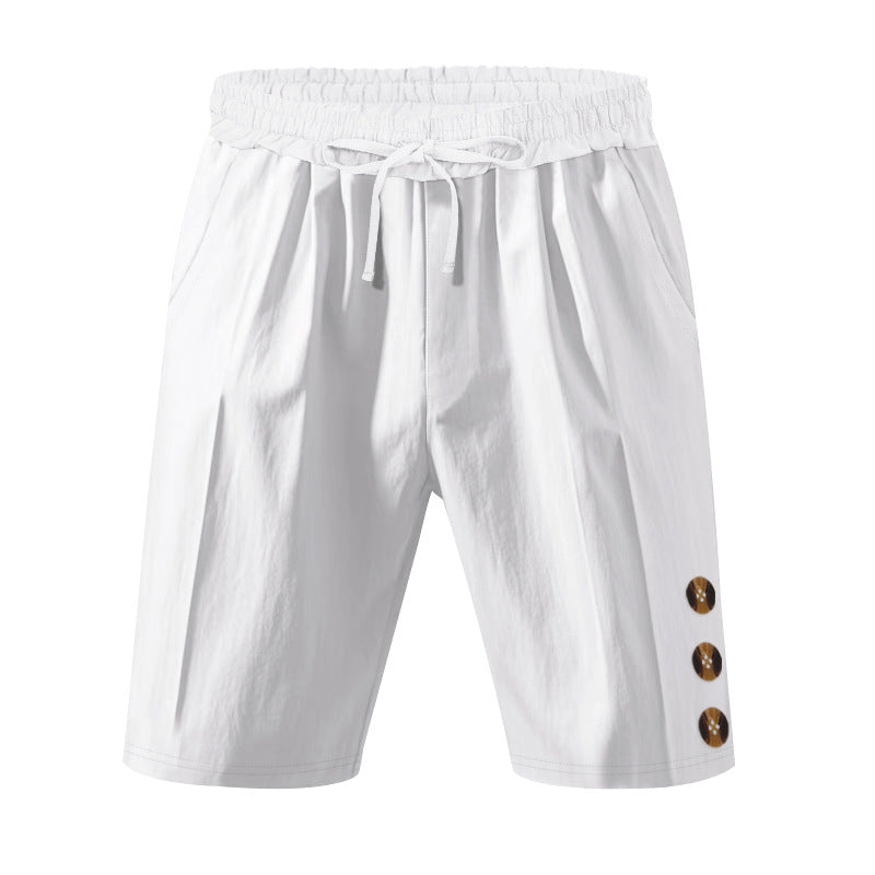Men's knee-length casual Bermuda shorts with elastic tunnel drawstring waist, side slit pockets, and round decorative appliqués StylebySassy