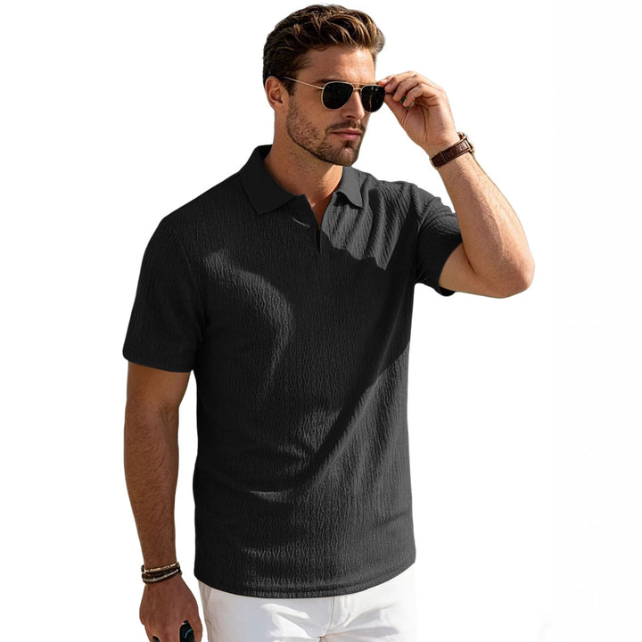 Men's elegant short-sleeve polo made of structured micro-jacquard cotton blend with shape-retaining shirt collar StylebySassy