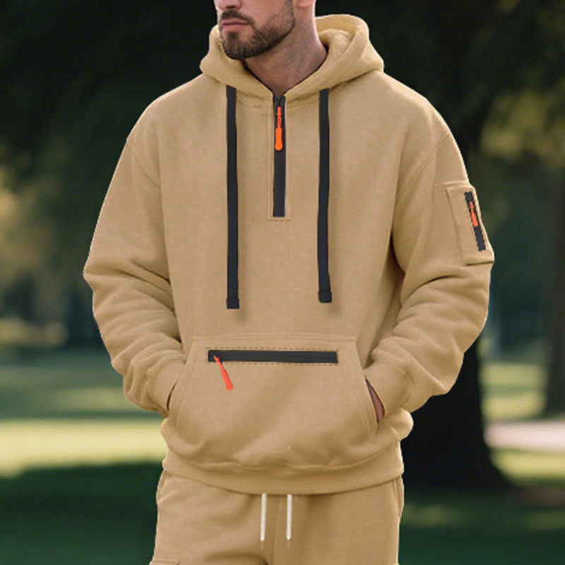 Men's half-zip hoodie with sealed zippers, kangaroo zip pocket, and arm pocket StylebySassy