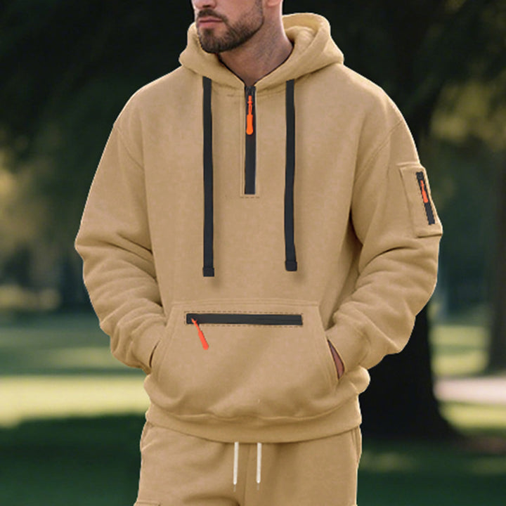 Men's half-zip hoodie with sealed zippers, kangaroo zip pocket, and arm pocket StylebySassy