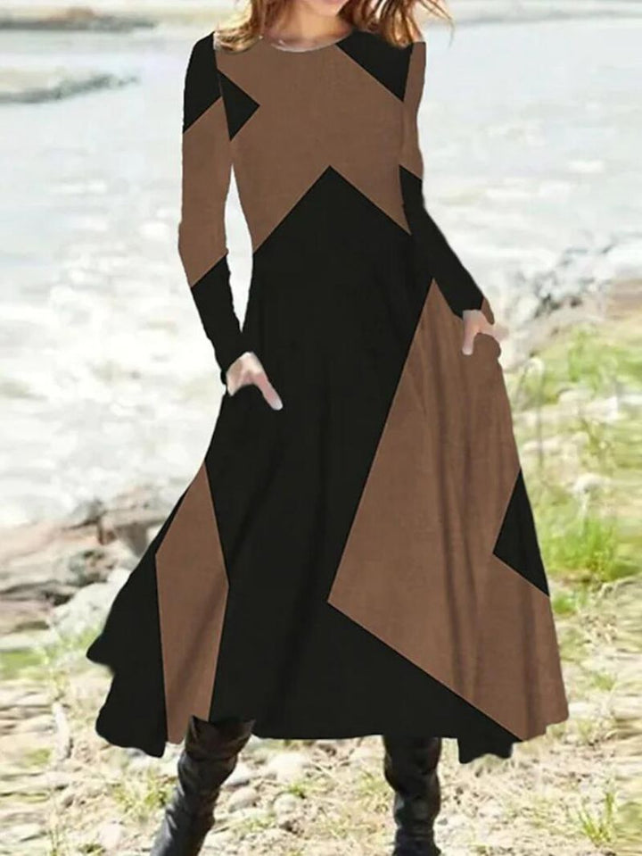 Ladies nan geometric maxi dress with long sleeves, A-line cut and side pockets StylebySassy
