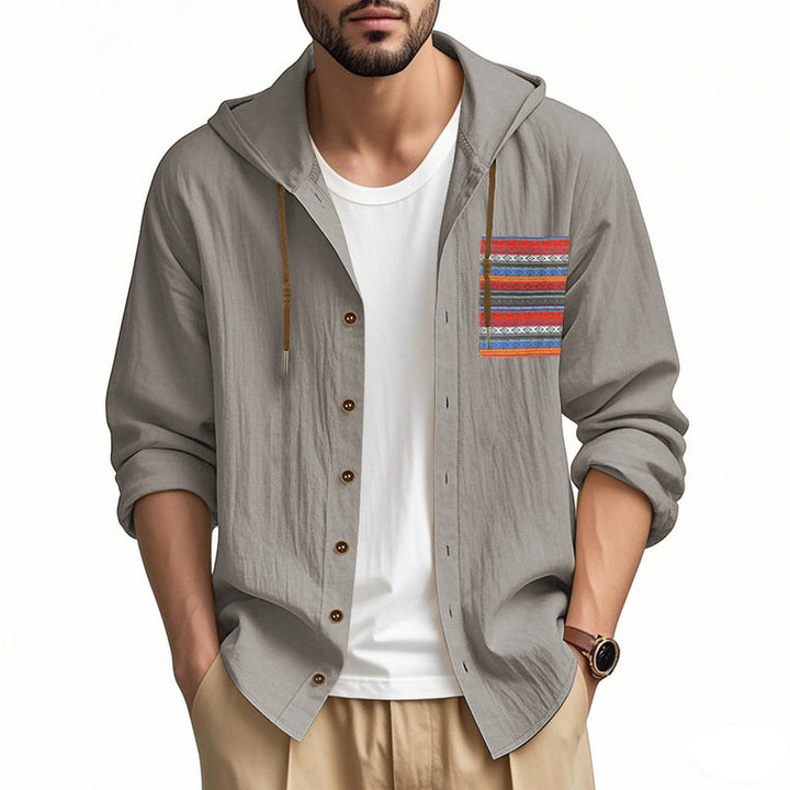 Men's lightweight hooded shirt jacket made of structured cotton blend with ethnic chest pocket and button placket StylebySassy