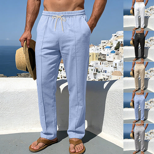 Men's summer chino pants in linen look with elastic drawstring waistband, decorative center seam, and straight leg StylebySassy