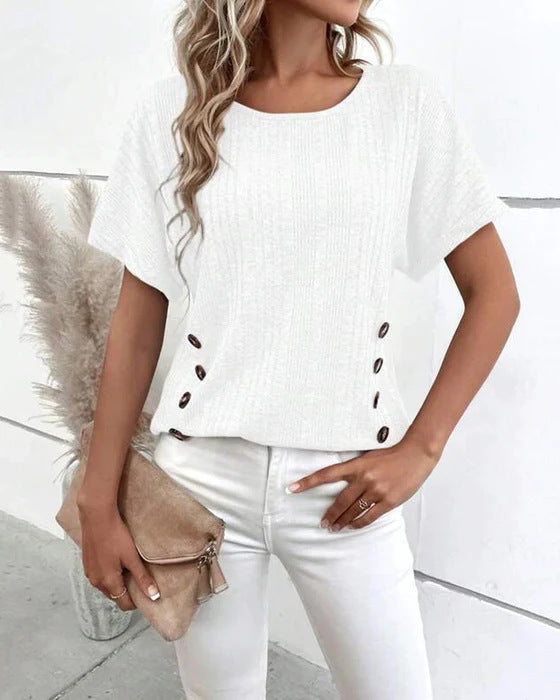 Ladies' knitted fine rib top with round neck and side decorative button placket StylebySassy
