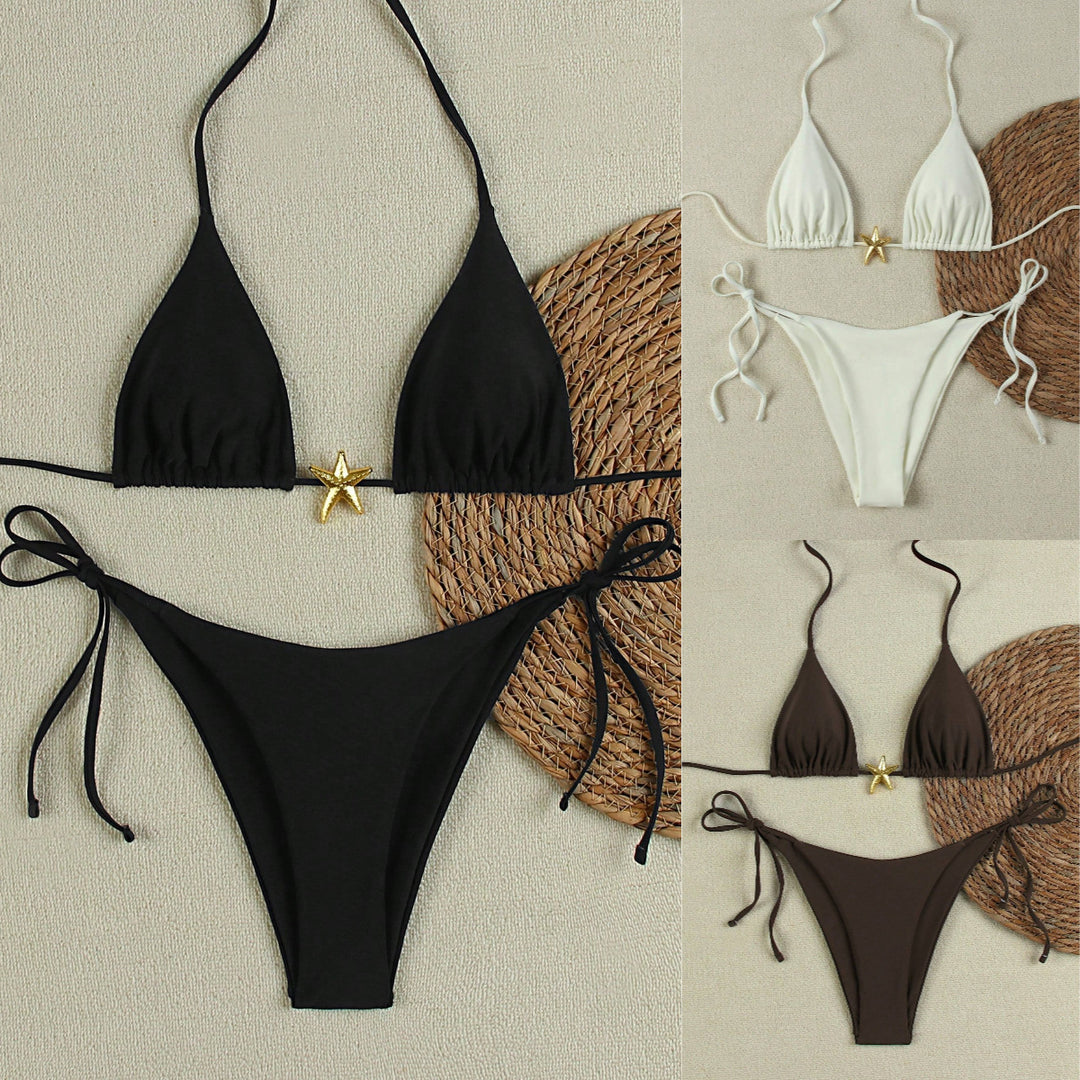 Women's Triangle Bikini Set with Adjustable Straps and Decorative Jewelry Element StylebySassy