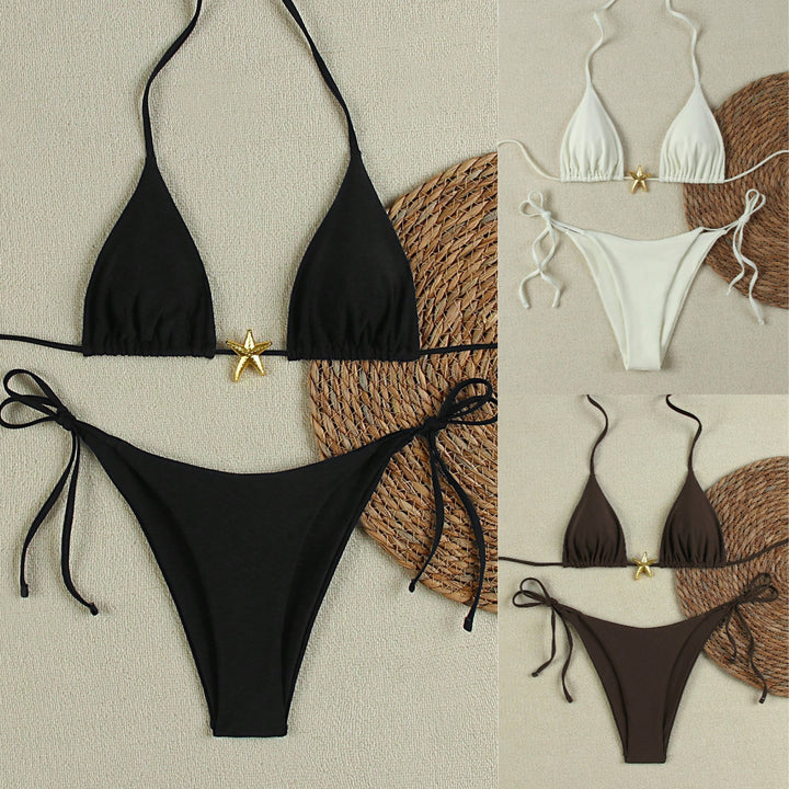 Women's Triangle Bikini Set with Adjustable Straps and Decorative Jewelry Element StylebySassy