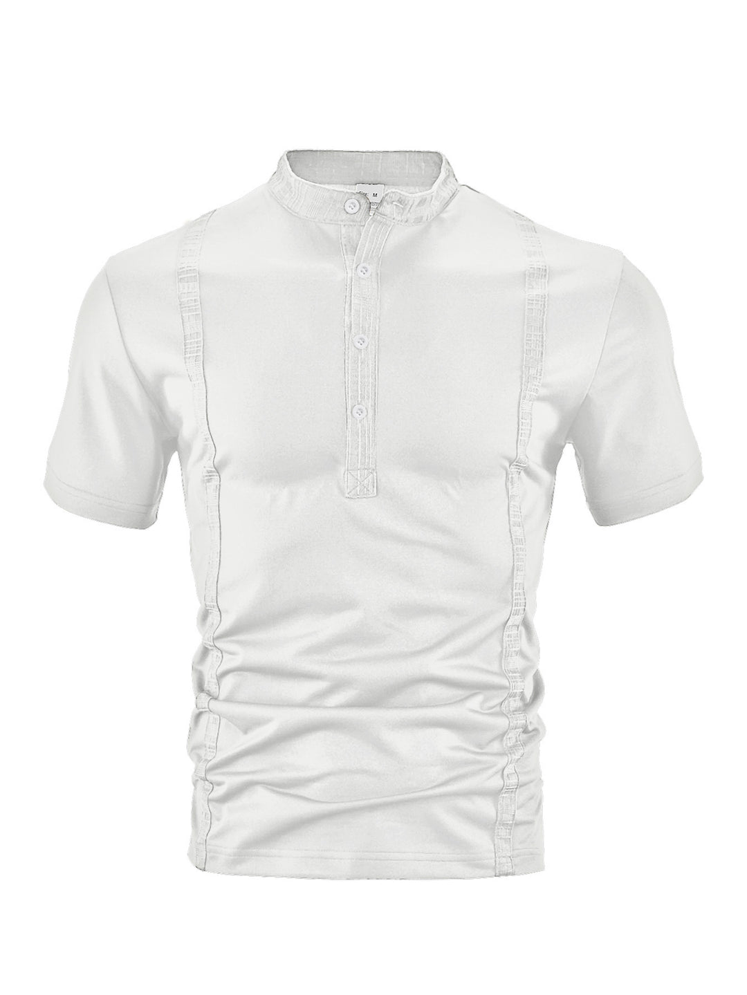 Men's short sleeve stand collar shirt with concealed button placket, decorative piping and fitted silhouette StylebySassy