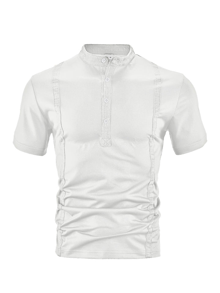 Men's short sleeve stand collar shirt with concealed button placket, decorative piping and fitted silhouette StylebySassy