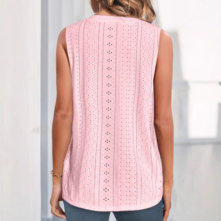 Women's sleeveless broderie anglaise top with V-neck and decorative button placket StylebySassy