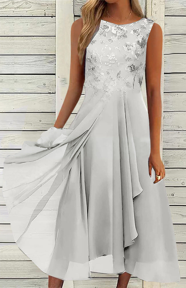 Women’s sleeveless chiffon midi dress with embroidered bodice and asymmetric layered skirt StylebySassy