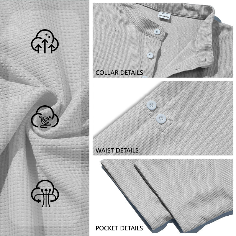 Men's structured long-sleeve henley with Nehru collar and tone-on-tone button placket StylebySassy