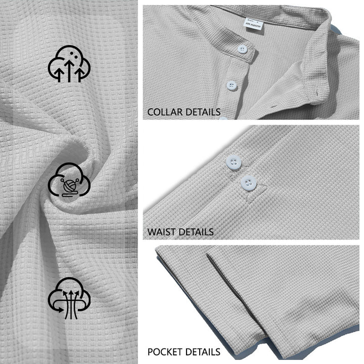 Men's structured long-sleeve henley with Nehru collar and tone-on-tone button placket StylebySassy