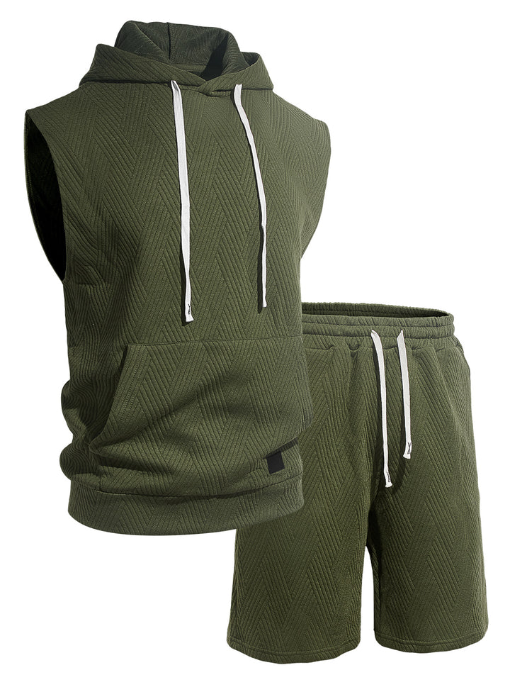 Men's sleeveless hoodie lounge set made of textured cotton blend with kangaroo pocket and elastic leisure pants StylebySassy