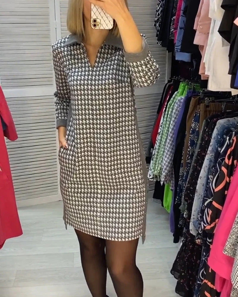 Ladies knee-length knitted dress with houndstooth, polo collar and side insert pockets StylebySassy