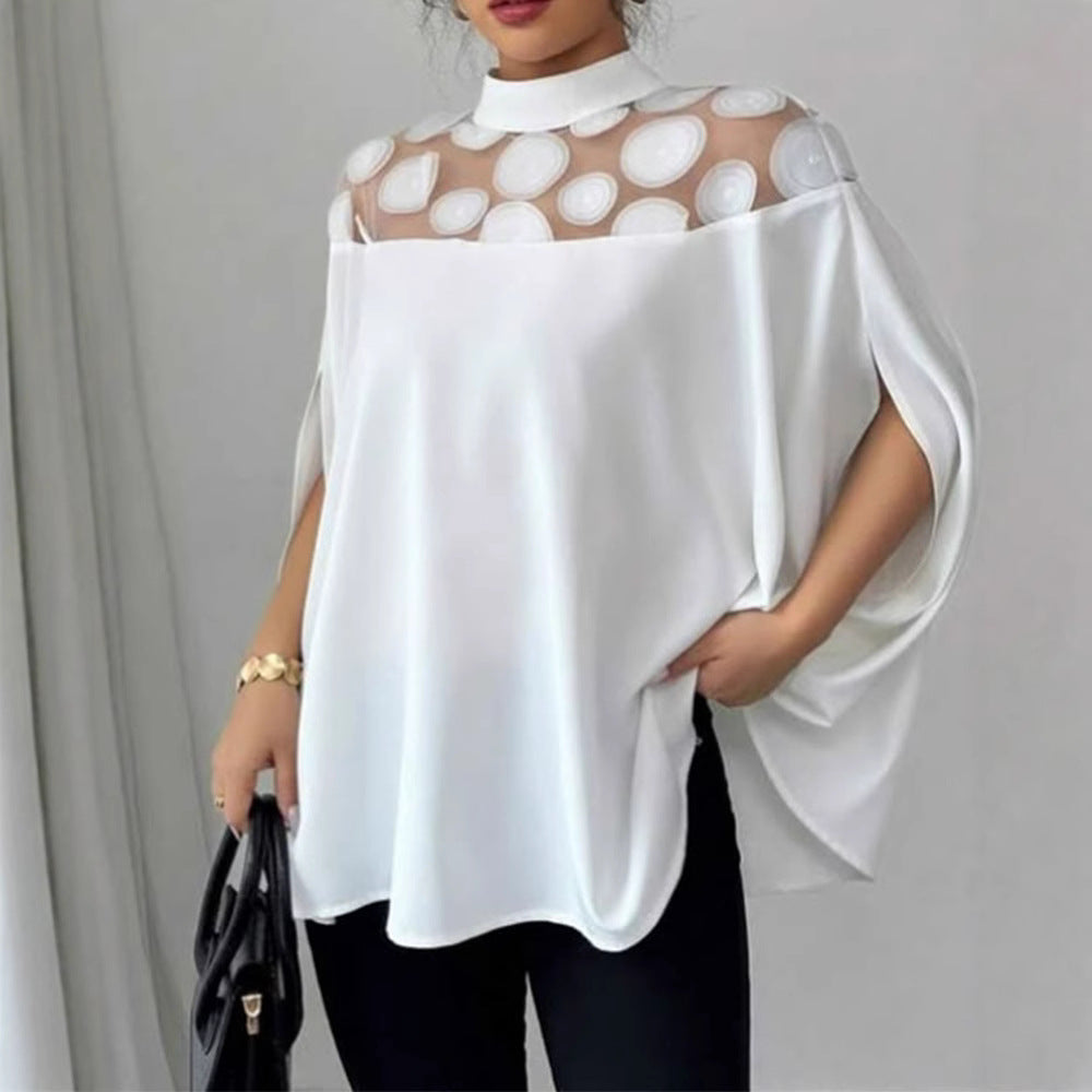 Women’s loose-fitting blouse with transparent round appliqué insert and cape sleeves StylebySassy
