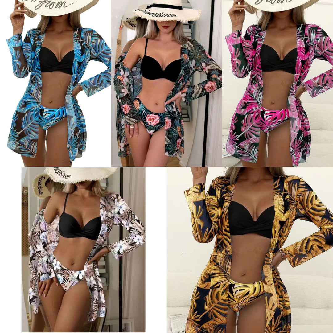 Women's beach bikini with floral embellishments and elegant kimono StylebySassy