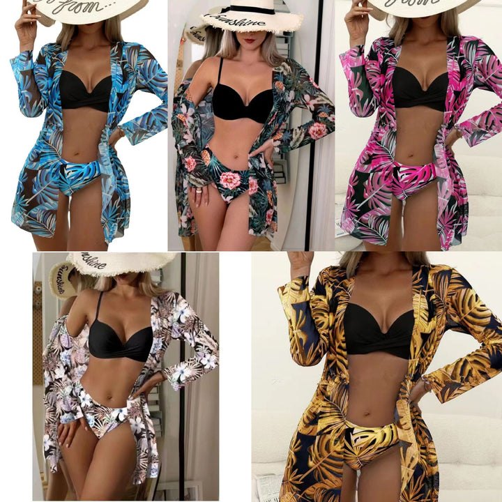 Women's beach bikini with floral embellishments and elegant kimono StylebySassy
